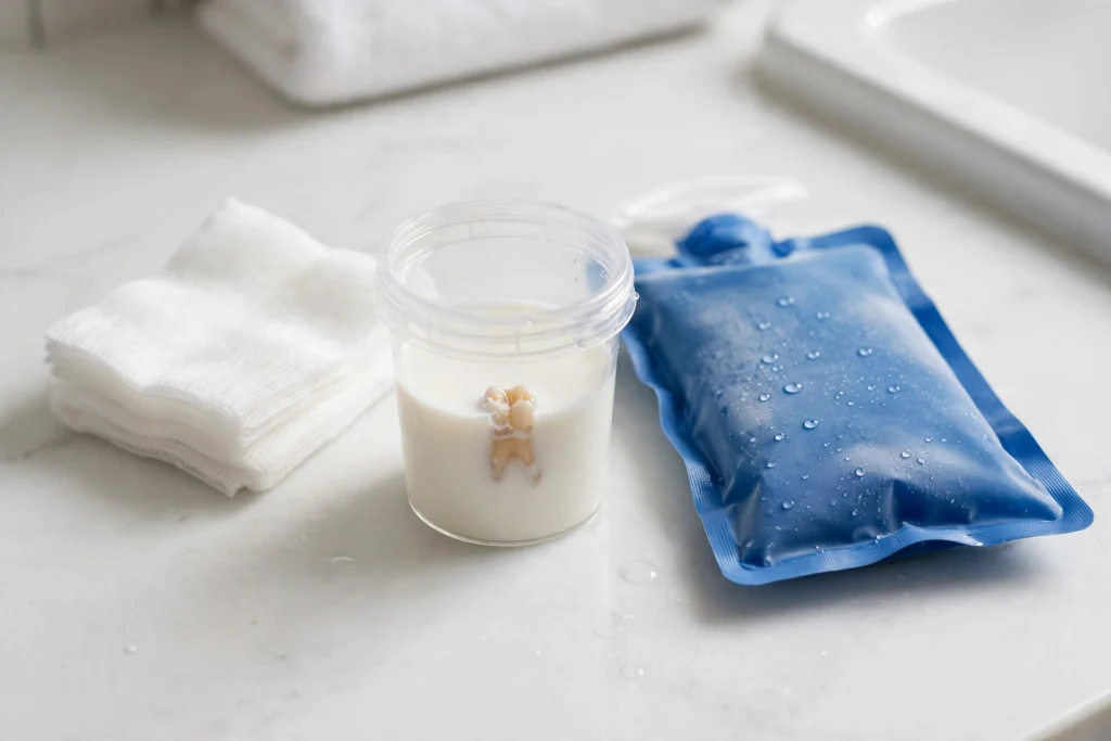 First aid for a chipped tooth: saved fragment, gauze, cold compress
