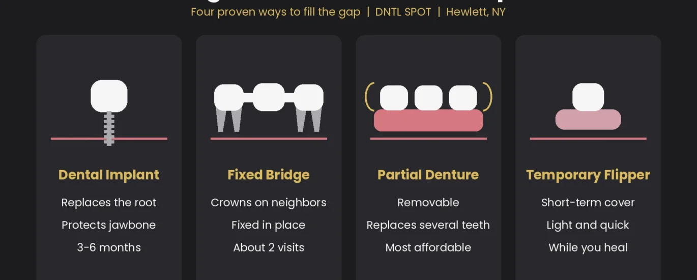 Missing tooth solutions compared: dental implant, bridge, partial denture and flipper