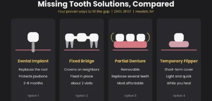 Missing tooth solutions compared: dental implant, bridge, partial denture and flipper